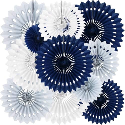 Honeycomb Round Paper Fan Blue Gray White Hanging Party Decoration (11 Count)