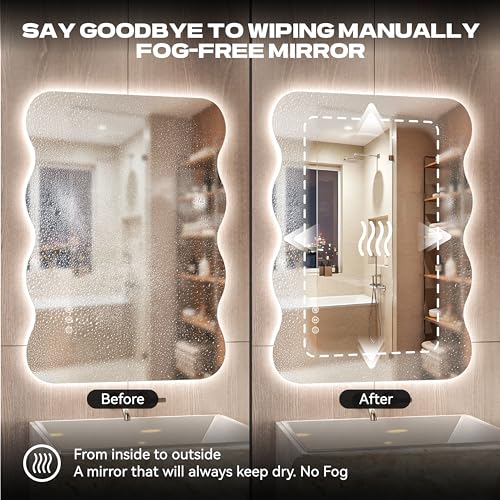 60"x36" Wavy Full Length Mirror with Lights Frameless Backlit Mirror