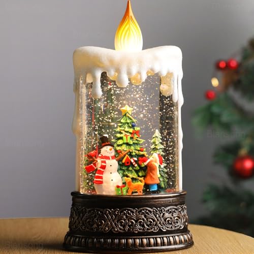 Christmas Snow Globe Candle Christmas Decorations Indoor Auto Snowfall Glitter Music Collection Snowman Child Tree with 6H Timer USB