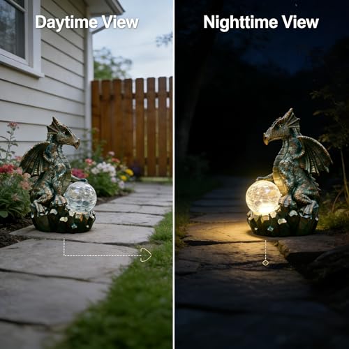 JOYBEE Dragon Solar Garden Statues Outdoor Decoration with Magic Orb