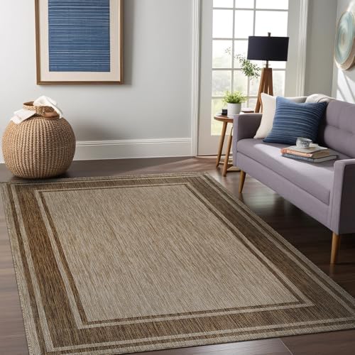 Outdoor Rug 5x7 Modern Bordered Area Rugs for Indoor and Outdoor Patio Deck Porch Garden Waterproof Weather Sun Resistant Washable Outside Carpet