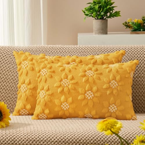 Spring Summer Pillow Covers 12x20 inch Set of 2 Yellow Sunflower (2 Count)