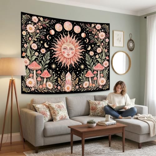 Boho Pink Sun Moon Phase Daisy Flower Mushroom Tapestry 60 x 44 Inch