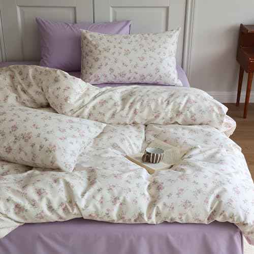 Vintage Garden Floral Comforter Set Queen Cute Pink Floral Bedding Comforter for Queen Bed Reversible Botanical Flowers Comforter with 2 Pillowcases Girls Cottagecore Bedding Comforter Set (3 Piece Set)