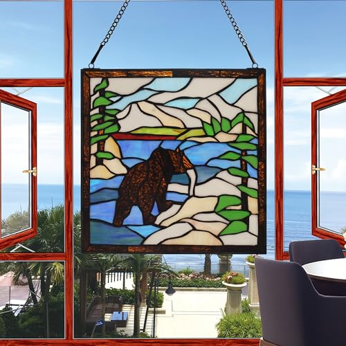 Stained Glass Window Hanging 12" Square Tiffany Animal Style Brown Bears Suncatcher Wall Decor Art Panel Includes 20" Chain and Hooks The Perfect Housewarming Gift