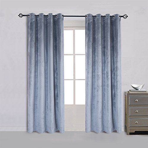 Super Soft Luxury Velvet Stone Blue Set of 2 Blackout Drapes Room Darkening Curtains Panel Grommet Drapery 52 by 84