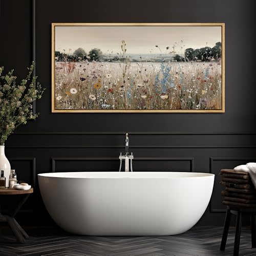 Extra Large Framed Canvas Print Wall Art Wildflower Meadow Landscape Blooming Field Illustrations Fine Art Illustrations Decorative Colorful for Bedroom