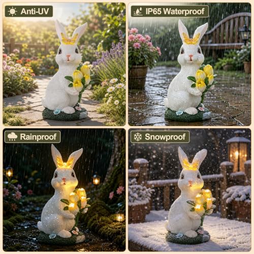Solar Rabbit Statue Waterproof LED Flower Bouquet Garden Decor
