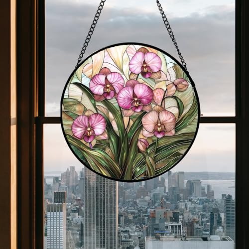 Phalaenopsis Orchid Stained Glass Window Hanging Decor Gifts for Women 7.8"