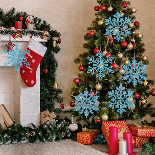 12pcs Large Snowflakes Ornaments Blue 12” Big Plastic Glitter Snowflake for Winter Indoor Outdoor Christmas Tree Window Room Decorations Giant Craft Snowflakes (12 Count)