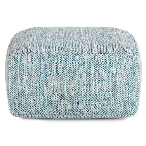 Nate 20" Wide Square Pouf in Light Teal Handwoven Cotton