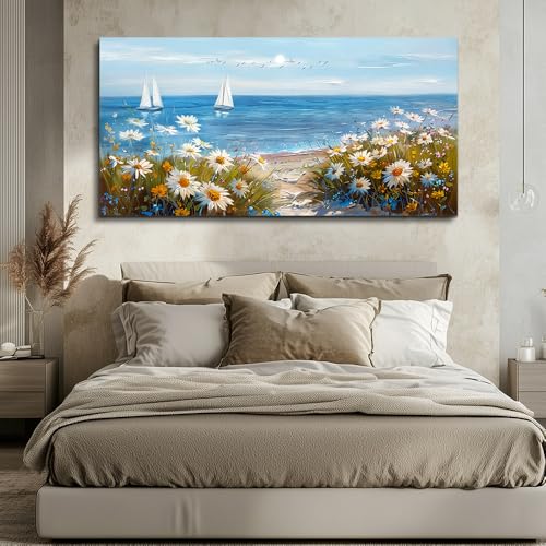 Large Blue Ocean Landscape Canvas Printing Picture Wall Art For Living Room Farmhouse Dinin Mural White Flowers Bedroom Office Wall Decor Home Decor Painting Easy To Hang 30x60 Inches
