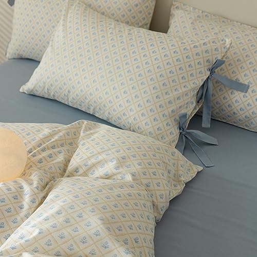 Blue Floral Comforter Set Twin XL Cute Flower Comforter Set Cottagecore Botanical Bedding Comforter Twin XL for Teens Girls Aesthetic White Blue Grid Comforter with 2 Bow Ties Pillowcases