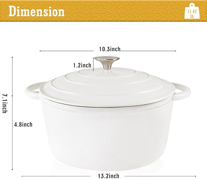 5 Quart Enameled Cast Iron Dutch Oven, Heavy-Duty Round Cookware Pot with Lid and Dual Handles for Sourdough Bread Baking, Braising, Soups and Stews, Used for All Stoves
