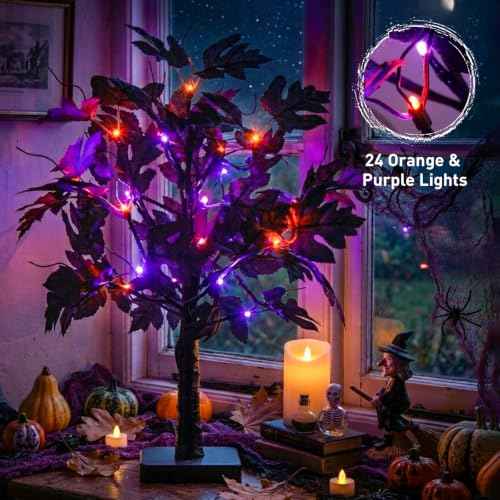 Halloween Tree Lights with Black Leaves Halloween Decorations