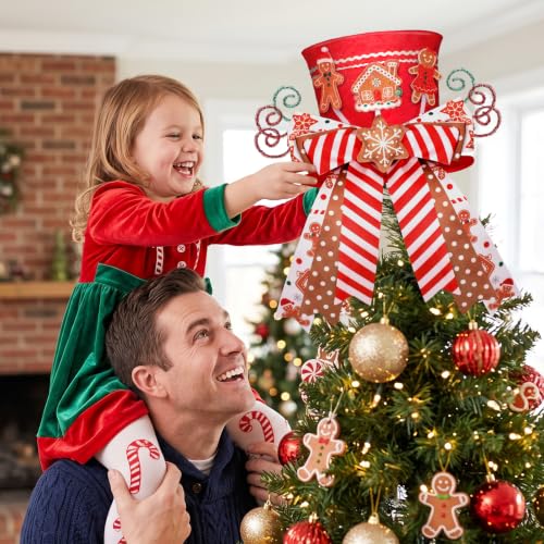 Gingerbread Christmas Tree Topper Red Top Hat with Candy Cane