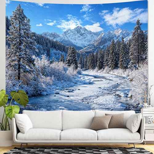 Winter Forest Snow Mountain Tapestry Snowy Pine Tree Woodland Tapestry for Bedroom Aesthetic White Clouds Flowing River Landscape Tapestries Wall Hanging for Living Room Dorm Office 90 x 68 Inch