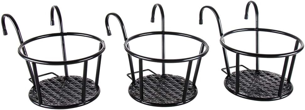 HowRU Iron Art Hanging Baskets Flower Pot Holder Over The Rail Metal Fence Planters Assemble - Pack of 3 (Black)