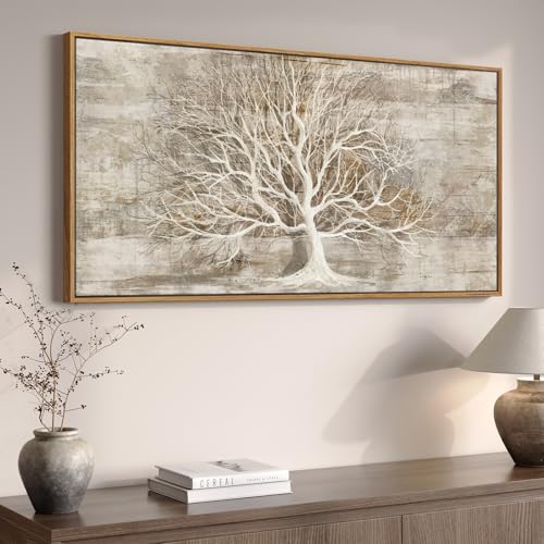 Large Framed Neutral Tree of Life Wall Art for Living Room