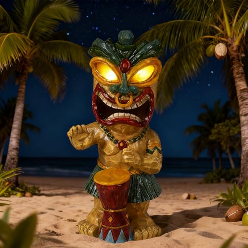 Solar Tiki Garden Statue with LED Eyes Outdoor Polynesian Drummer Hawaiian Party Decor Solar Light Ornament for Patio Porch Lawn or Tiki Lover Best Gifts for Tiki Lovers