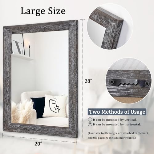 Wall Mirror with Rectangle Wood Frame Large 28"x20" Rustic Decorative Hanging Mirrors for Bedroom Bathroom Living Room Home Office