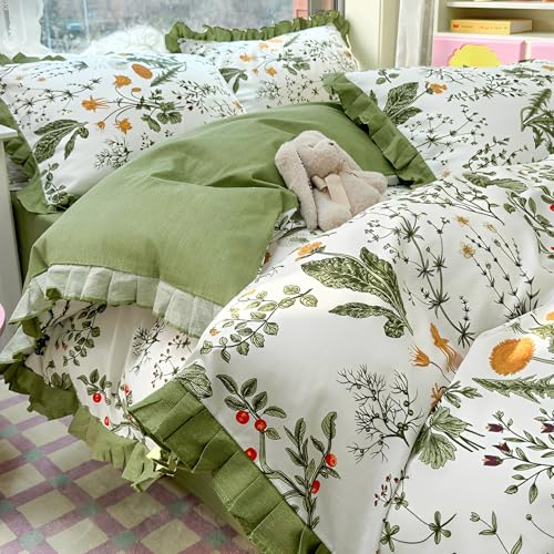 Green Floral Comforter Set King Romantic Ruffle Comforter Vintage Botanical Flowers Comforter with 2 Pillowcases Boho Floral Lace Coquette Bedding Fluffy Comfy Farmhouse King Bed Comforter Set