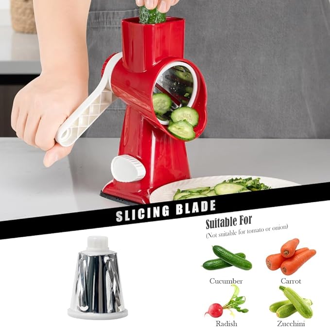 Cheese Grater Hand Crank Rotating Cheese Shredder Stainless Steel Vegetable Slicer Grater for Kitchen 3 Blades for Cheese, Carrot, Cucumber, Nuts, Chocolate, Red