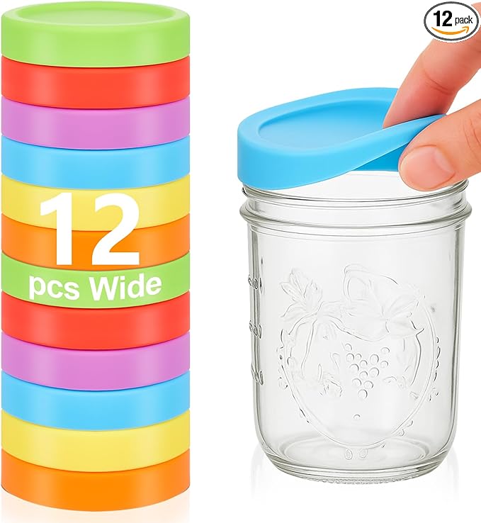 Teenyyou 12 Pcs Silicone Wide Mouth Lids Mason Jar Lids Thickened Leak Proof Lid for 86 mm All Wide Mouth Mason Jars, Reusable Large Canning Jar Caps(Classic)