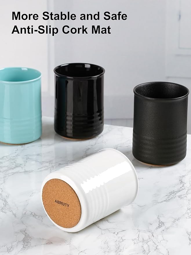 Utensil Holder, 6.7" Ceramic Kitchen Utensil Crock for Countertop Cooking, Modern Utensil Caddy Jar Organizer for Farmhouse Kitchen Counter Decor (Black)