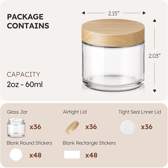 2 oz Glass Jars with Lids, 36 Pack Clear Small Glass Jars with Woodgrain Lids Leakproof Round Airtight Empty Cosmetic Travel Containers with Inner Liners for Lotions Powders and Candle Making