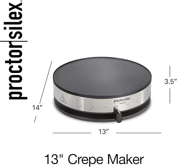 Proctor Silex Electric Crepe Maker with 13” PFAS-Free Nonstick Griddle for Eggs, Pancakes, Omelets and Quesadillas, with Temperature Control, Spatula, Spreader, Batter Cup, Stainless Steel (38400MN)