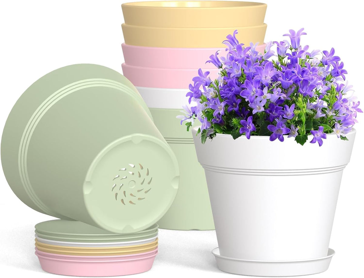 4 Inch Plastic Plant Pots with Drainage Holes and Trays – 8 Pack Small Nursery Pots for Indoor & Outdoor House Plants and Flowers, Seedling Starter Planters, Colorful