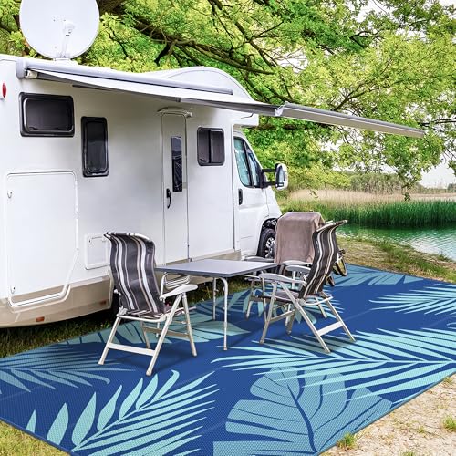 Outdoor Rug Waterproof Plastic Rugs 10'x14' for Camping Navy Green