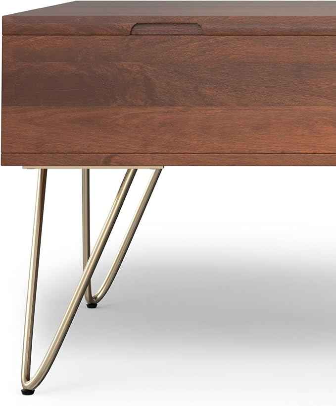 SIMPLIHOME Hunter Lift Top Coffee Table - 32 inch Wide Solid Mango Wood Industrial Square Cocktail Table in Umber Brown, Living Room Table with Dual Lift Tops, Hidden Storage and Gold Hairpin Legs