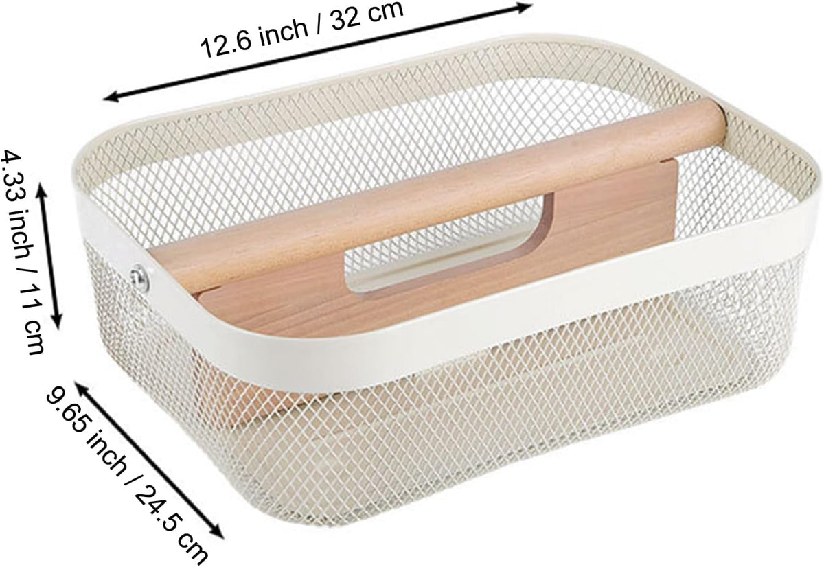 Metal Mesh Steel Storage Basket, Garden Harvest Wire Organizer Basket Multi-functional Kitchen Fruit Basket with Wooden Removable Partition & Handle for Bath Picnic Decor Cabinet, Cream White