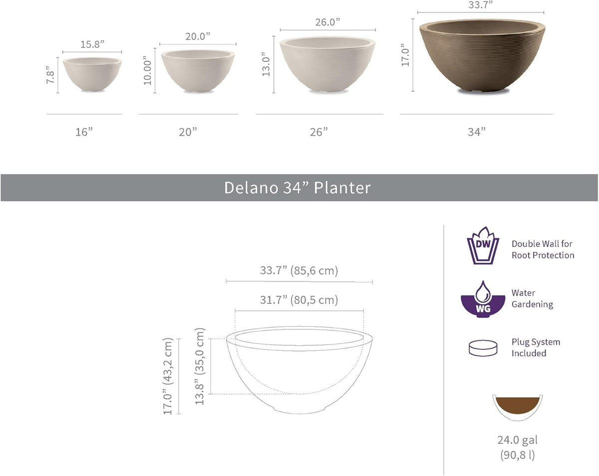 Crescent Garden Delano Bowl Planter, Large Outdoor Round Shallow Plant Pot for Water Garden, Bonsai Plant Pots, Succulents with Drain Hole - Double Walled Bowl Lotus Pot, 34" W (Slate)
