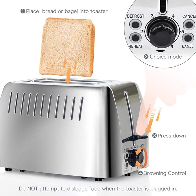 Toaster 2 Slice Stainless Steel Bagel Toaster Extra Wide Slots with 6 Browning Setting, Bagel/Reheat/Defrost/Cancel Function for Toasting Bread, Bagels and Waffles, 750W, Silver