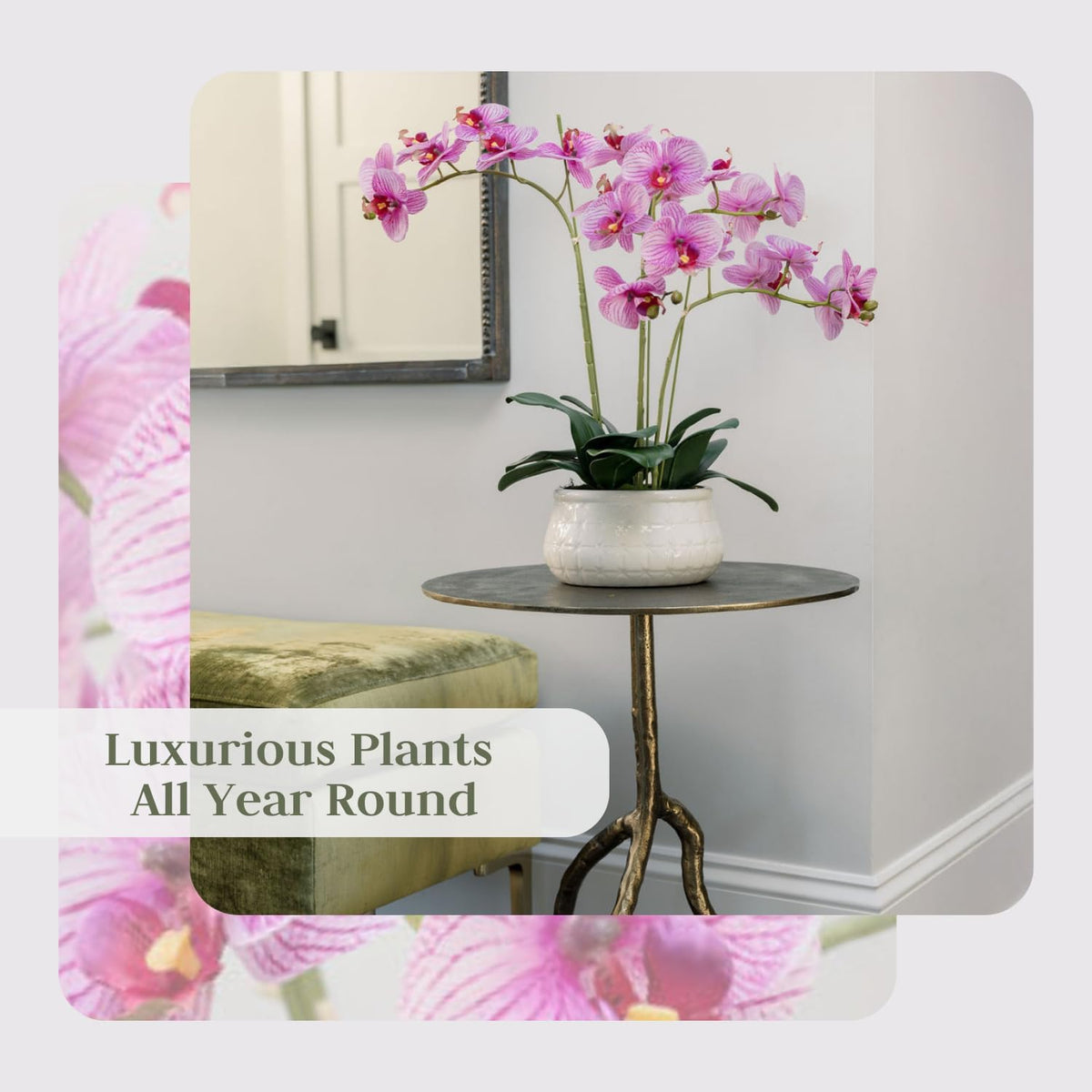 Faux Orange Orchid Plant, Premium Artificial Indoor Flower Display Stands 23”, Beautiful Sculptural Blooms That Lasts Forever, White Planter Pot Included