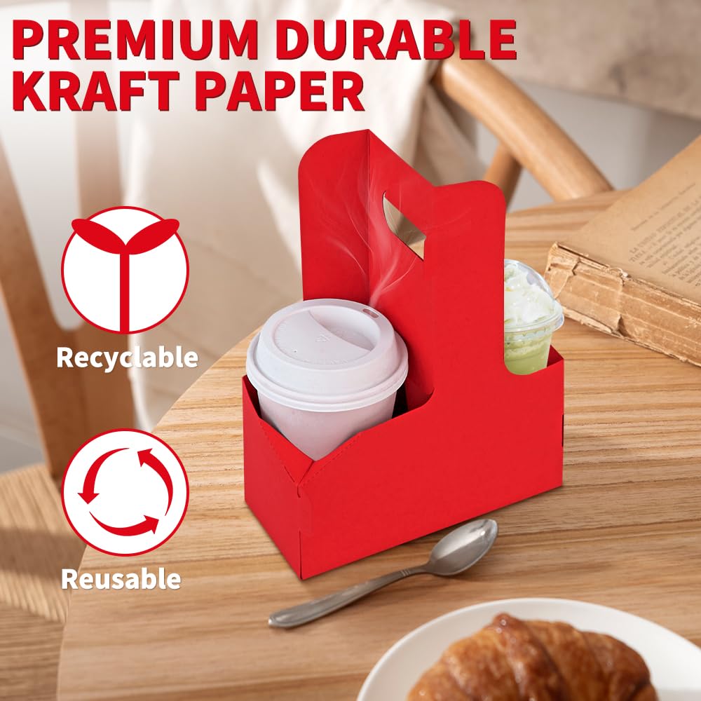 Bodaon 2 Cup Drink Carrier with Handle, 15 Pcs Cardboard Cup Holders, Disposable Drink Carriers for Delivery, Kraft Paper Coffee Cup Holder to Go, Take Out Cup Carriers for Hot/Cold Drinks