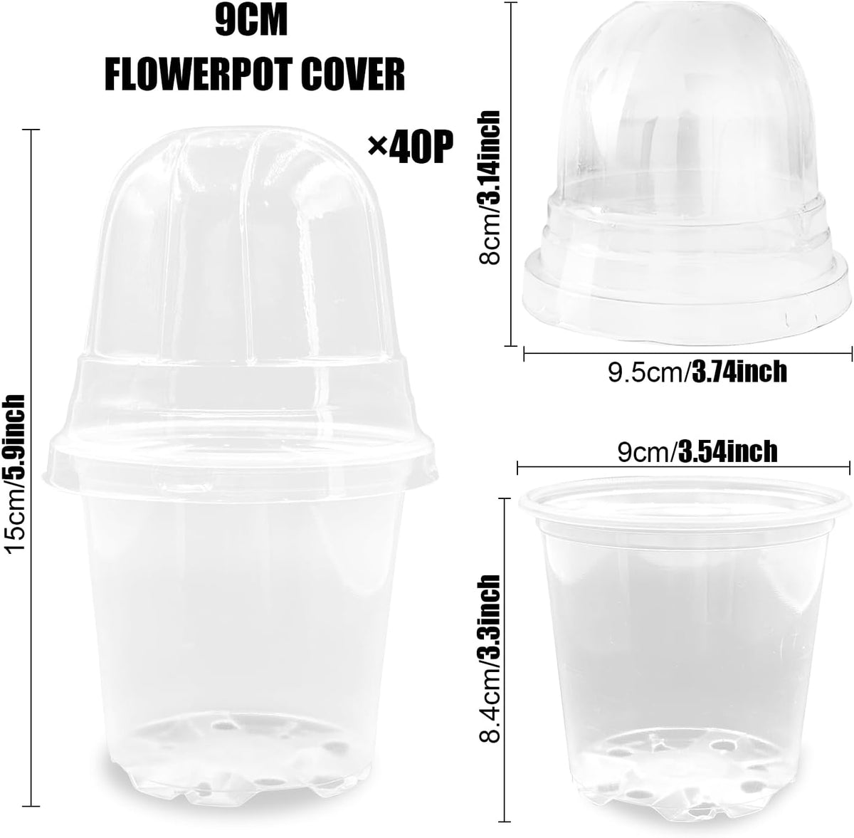 Transparent Nursery Pots 3.5Inch with Humidity Domes for Seeds Starting, Clear Plastic Plant Pots with Drainage Holes (3.54Inch, 40Pcs,Clear Pots with Lids)
