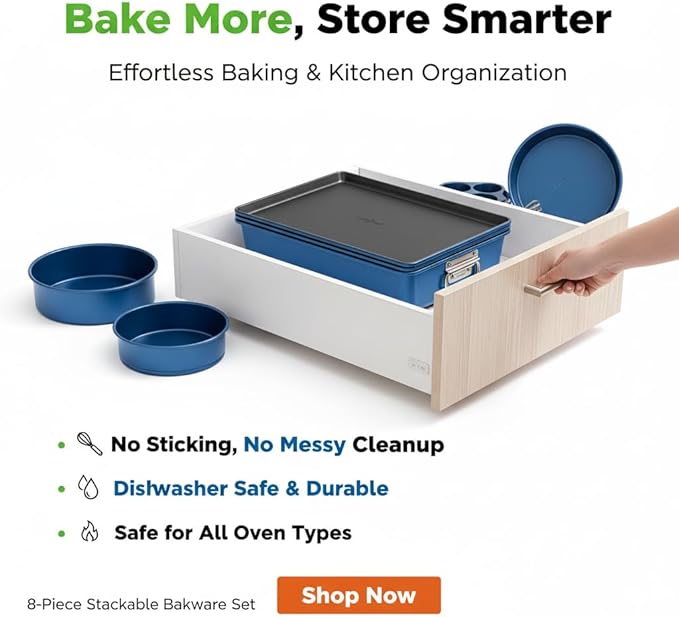 NutriChef 8-Piece Nonstick Stackable Bakeware Set - PFOA, PFOS, PTFE Free Baking Tray Set w/Non-Stick Coating, 450°F Oven Safe, Round Cake, Loaf, Muffin, Wide/Square Pans, Cookie Sheet (Blue)