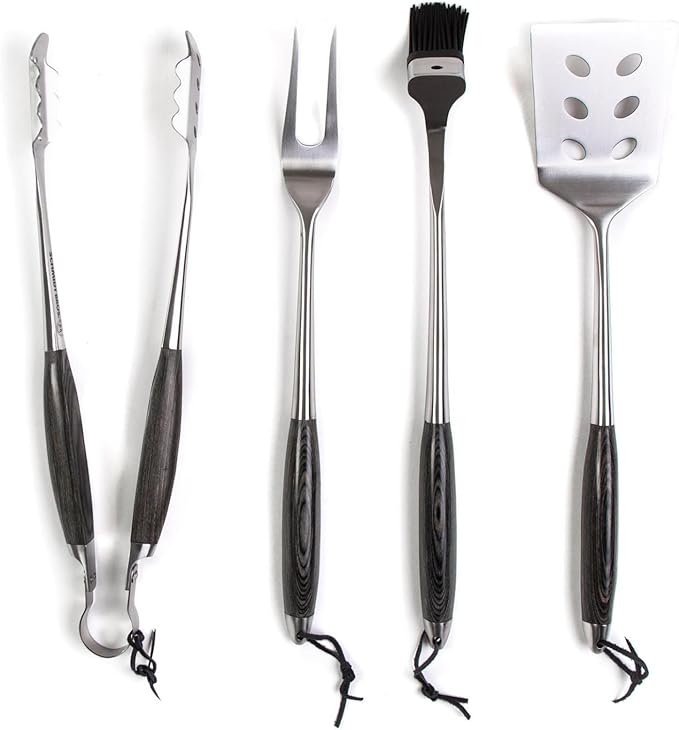 Schmidt Brothers - BBQ Ash 4 Piece Grill Set, Full-Forged Stainless Steel Grilling Utensils Including Spatula, Fork, Basting Brush, and Tongs with All Wood Handles