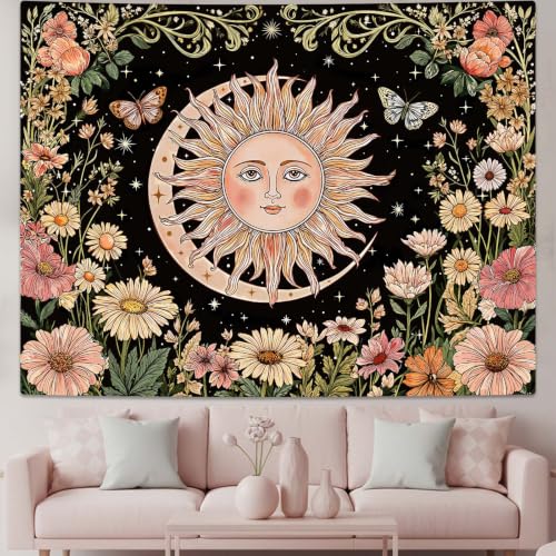 Boho Vintage Sun and Moon Hippie Floral Tapestry 60x44 Inch