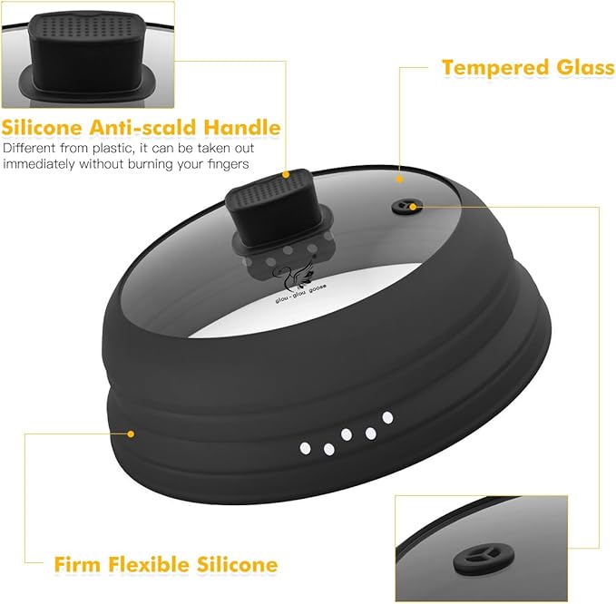 Tall Microwave Splatter Cover Glass Cover Guard Lid 5.8 inch Height with Collapsible Silicone for Food Pot Plate 10.8 inch Black