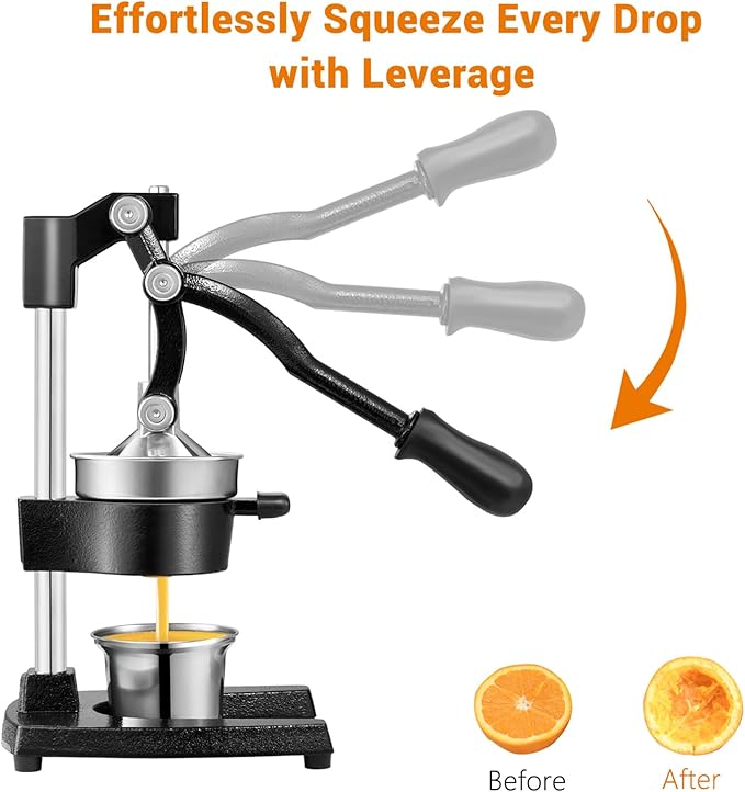TONGCHANT Cast Iron Juicer, Heavy Duty Manual Citrus Press | Hand Press Juicer for Orange Lemon Pomegranate, High Leverage for Easy Juicing, Stainless Steel Cup, Black