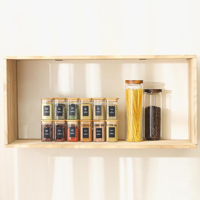 16Pcs 9oz Spice Jars Glass Container with 275 Labels, Airtight Seasoning Empty Organizer with Bamboo Lid Set for Pepper, Salt, Sugar