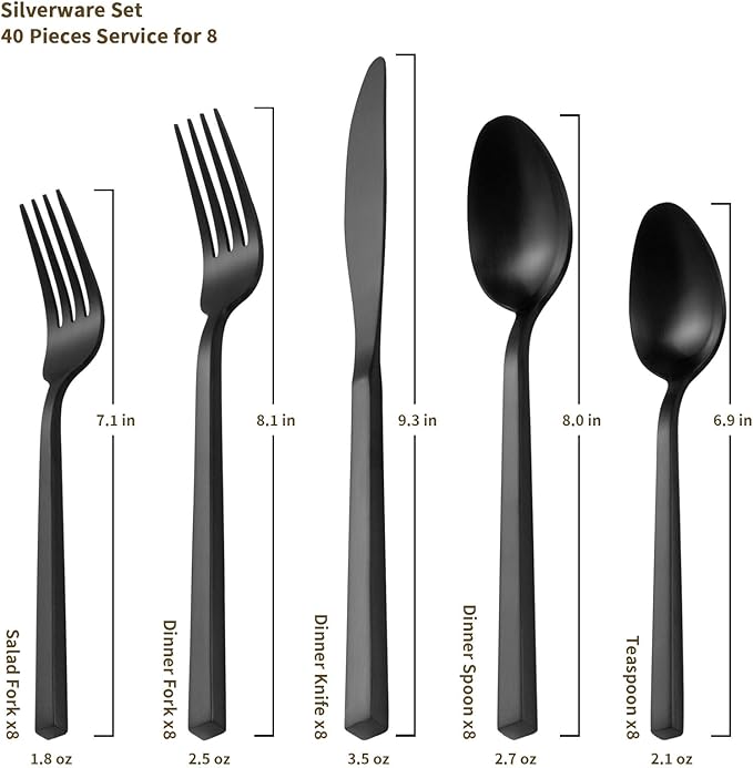 Alata Cube Matte Black 40-Piece Flatware Set, Forged Cutlery Set, Service for 8, Stainless Steel Tableware with Square Handle for Home/Restaurant, Dishwasher Safe