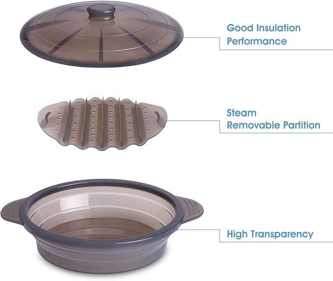 Microwave Steamer Cooker Collapsible Bowl Silicone Baked Potato Cookware with Handle Lid for Vegetables Fish Prep Meal Food with Removable Rack BPA Free Easy to Store Freezer Dishwasher Safe Black