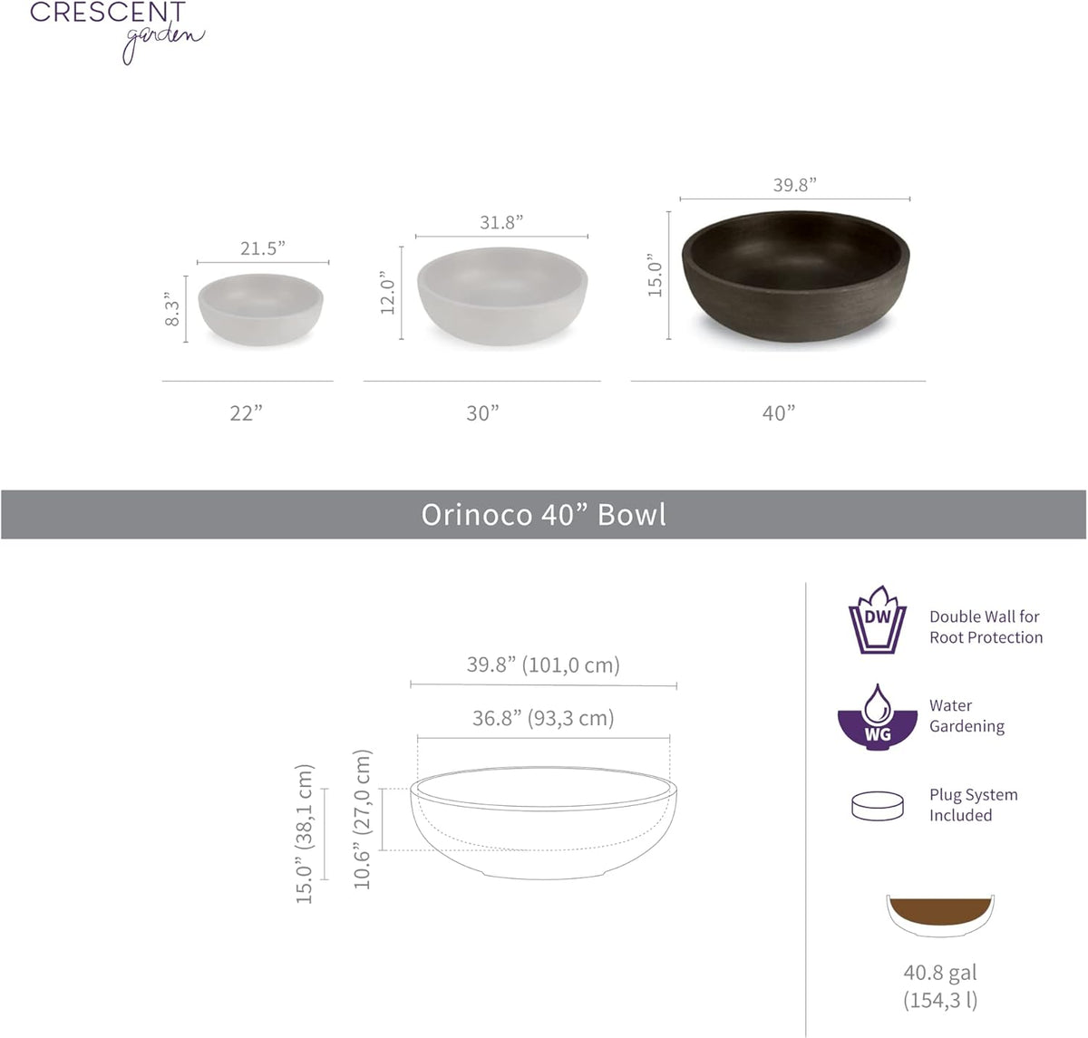 Crescent Garden Extra Large Outdoor Planter Bowl with Drain Hole for Water Gardens, Fountains, Decorative Landscaping - 40" W x 15" H (Weathered Concrete)
