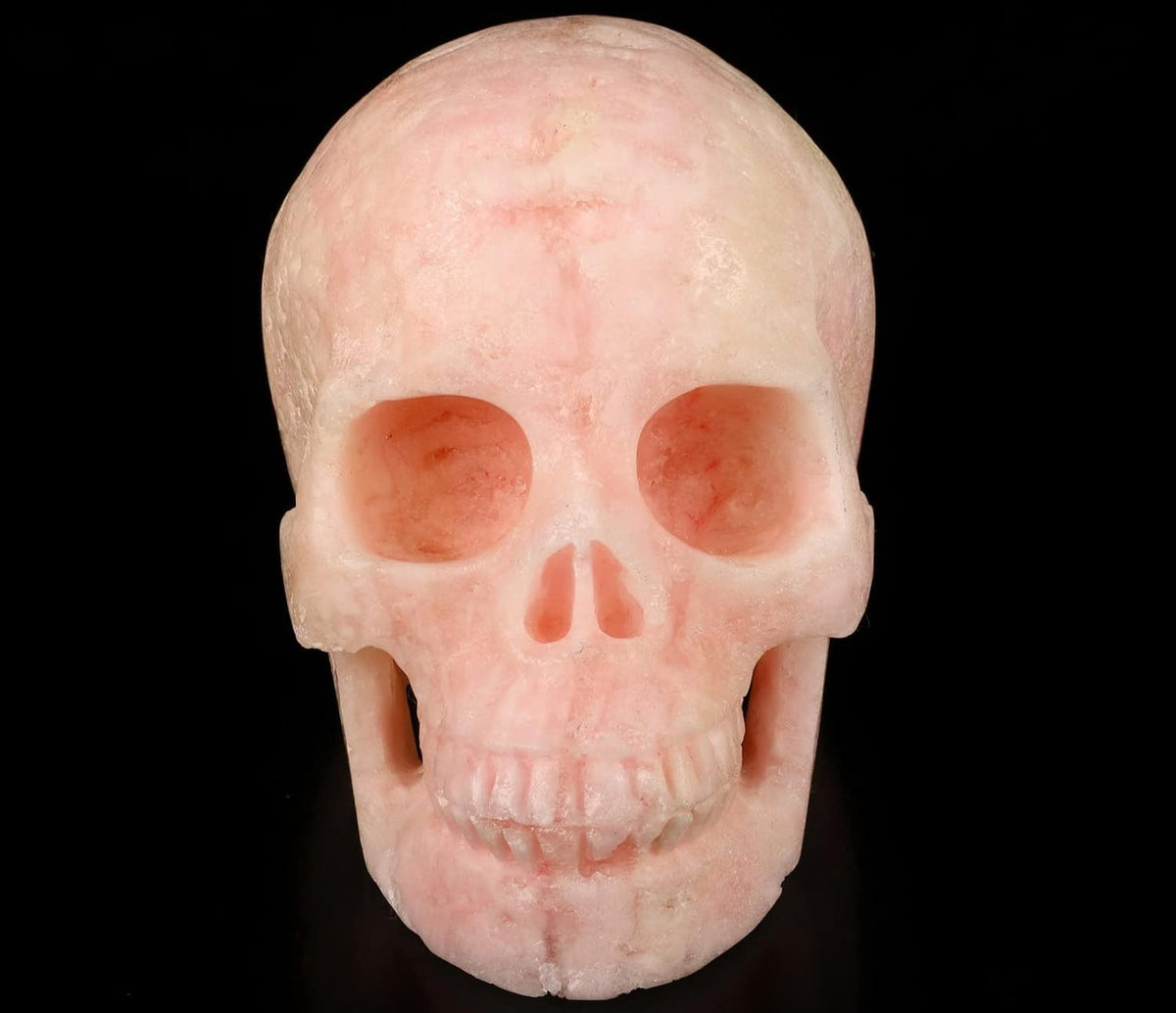 Skullis 5.0" Pink Aragonite Crystal Skull, Hand Carved Gemstone Fine Art Sculpture, Reiki Healing Stone Statue.048 Z8